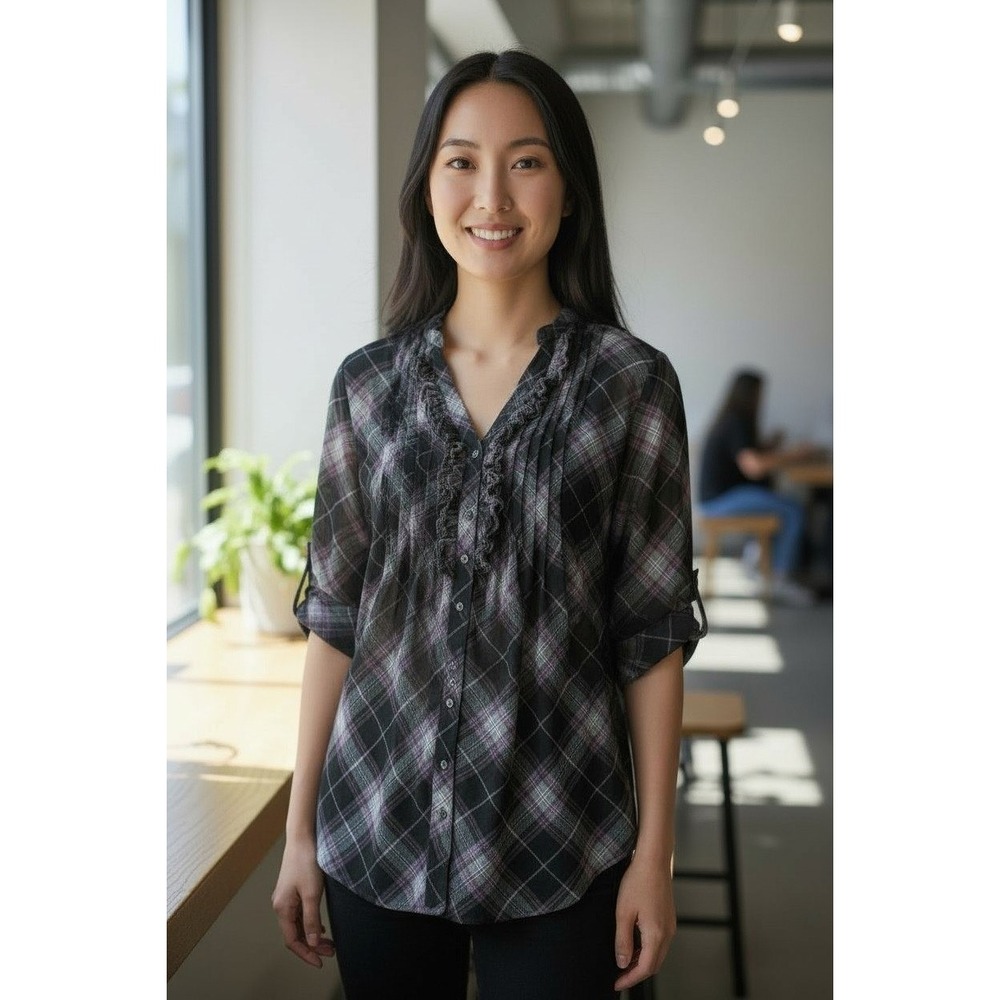 APT 9 Women's L Black Plaid Ruffle Sheer Top w/ Black Tank Top Soft Goth Grunge